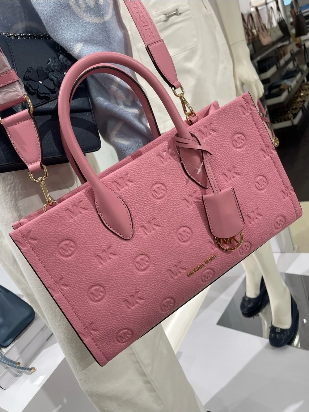 MICHAEL KORS Mirella Md EW Top Zip Logo Debossed Satchel Shoulder Carnation NWT